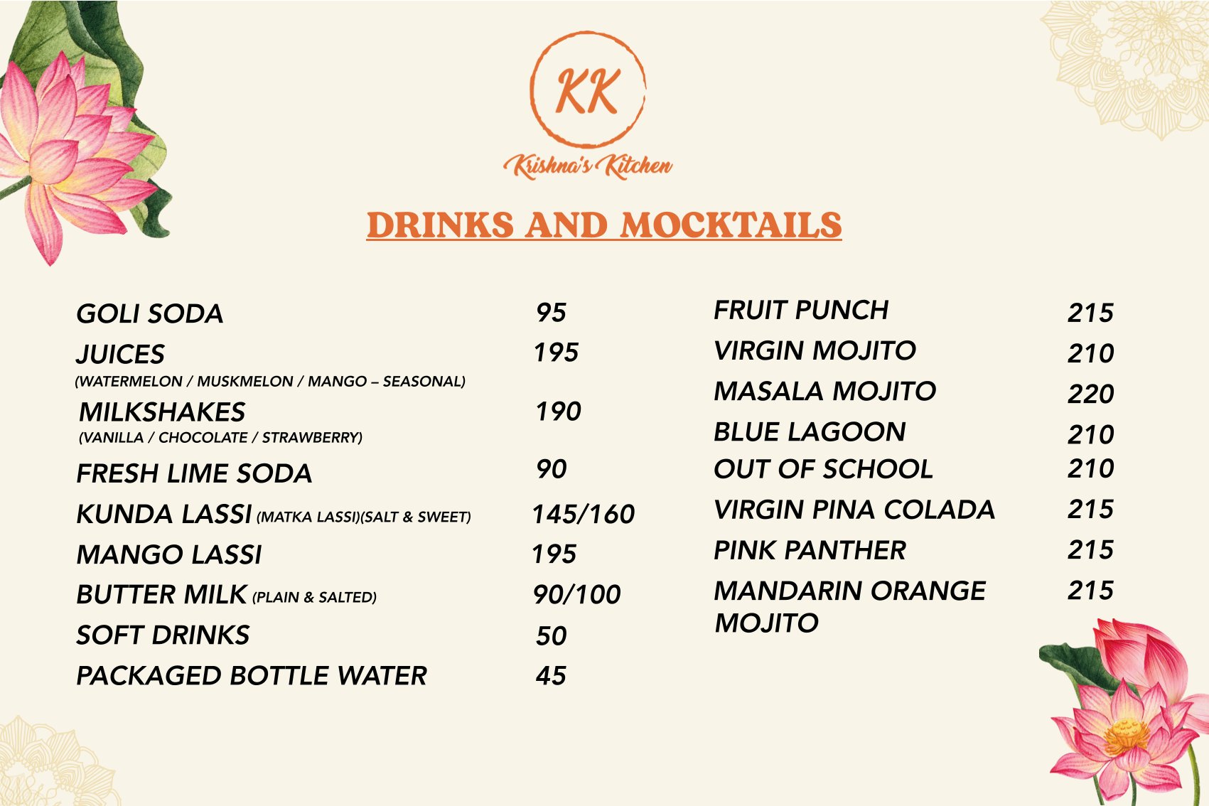 Krishna's Kitchen Menu 1